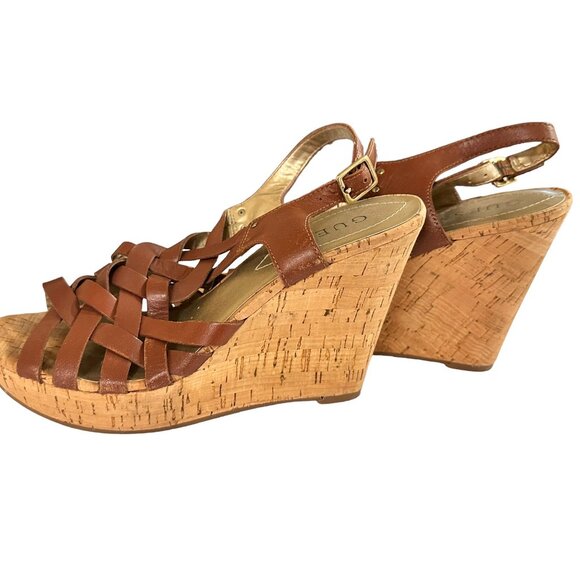 🍒 2/$20 🍒 Cognac Brown Strappy Guess Wedge Sandals sz 6.5 - Picture 5 of 7
